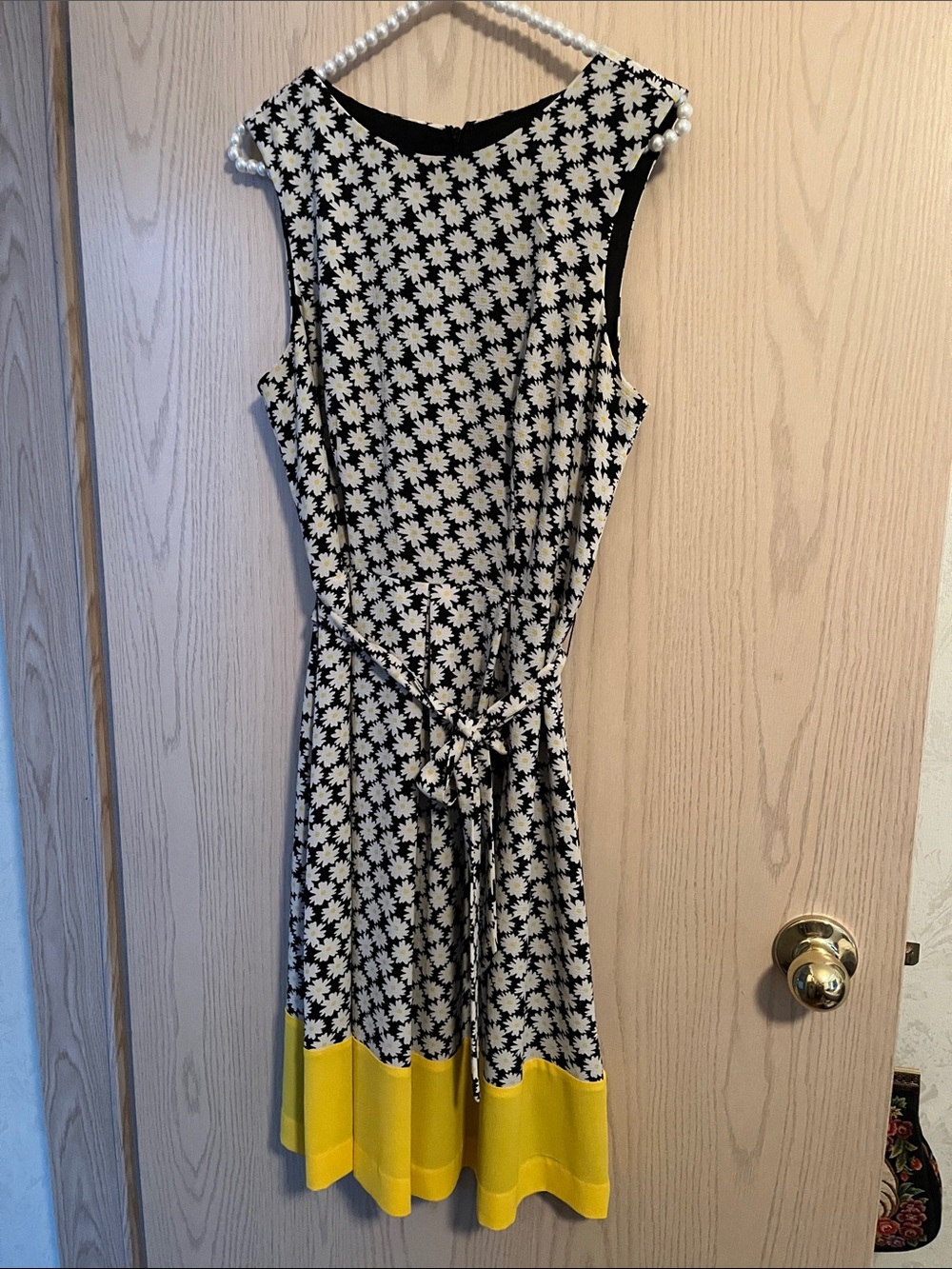 Black & White Floral Midi Dress with Yellow Hem and Tie Waist